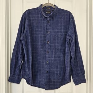 100% Cotton Blue Plaid Flannel Button Up Long Sleeve Shirt - Large